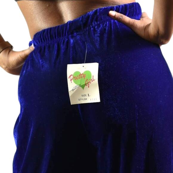 Vintage Velvet Pants Blue Cobalt Drawstring Pajama Lounge Straight Leg 70s Small - Picture 4 of 12